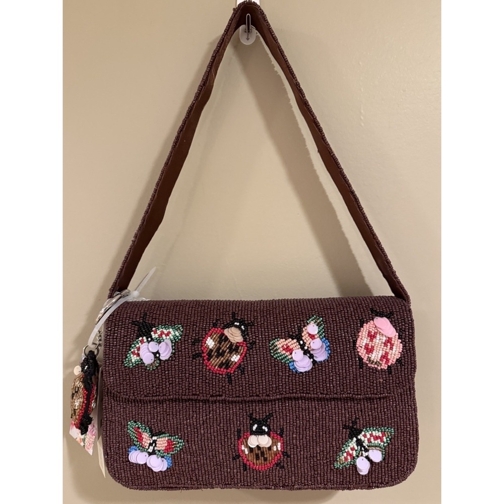 NEW butterflies And Ladybugs beaded Flap Shoulder Bag Purse Made In India NWT